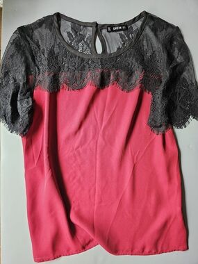 SHEIN Red Top with Black Lace Yoke